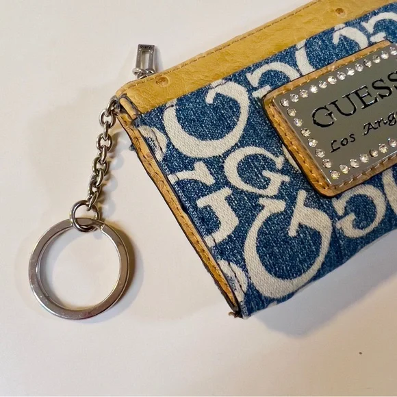Guess Denim Blue Zipper Closure faux ostrich leather trim Keychain Coins Wallet - Picture 2 of 10